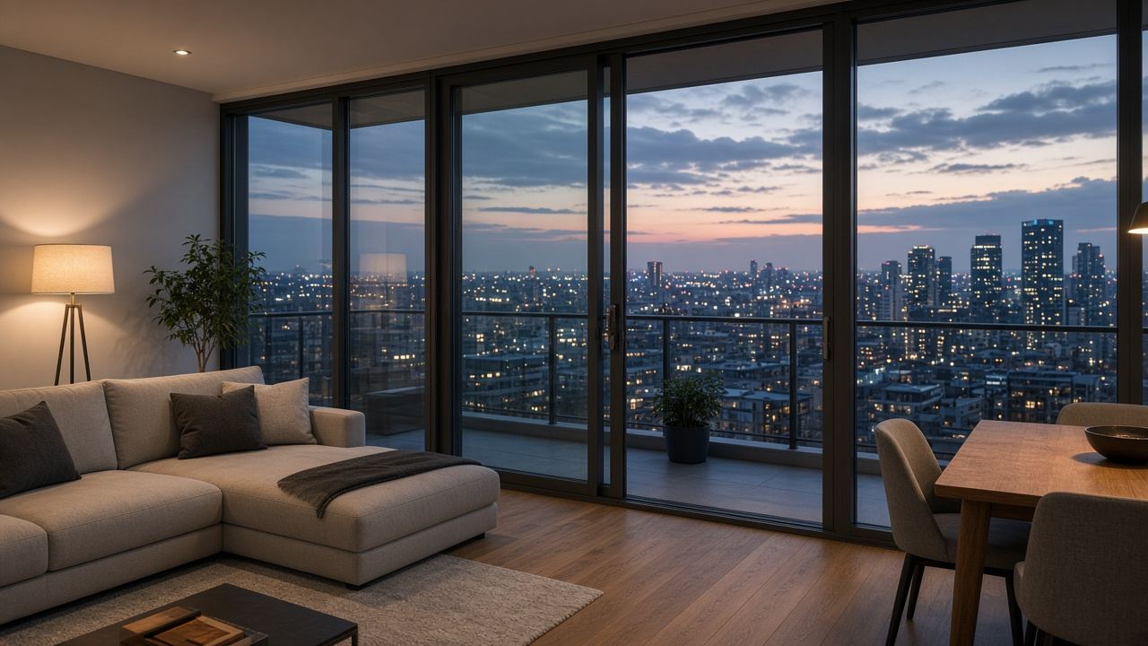 Calm residential interior with dark aluminium glazing and warm floor finishes