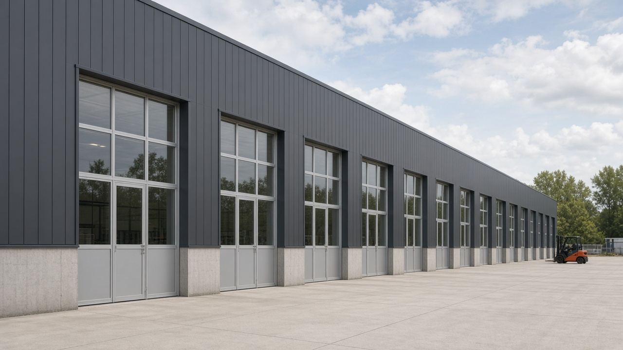 Workshop elevation with personnel doors and high windows