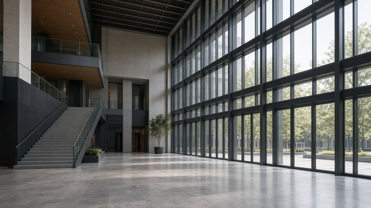 Double-height civic lobby glass
