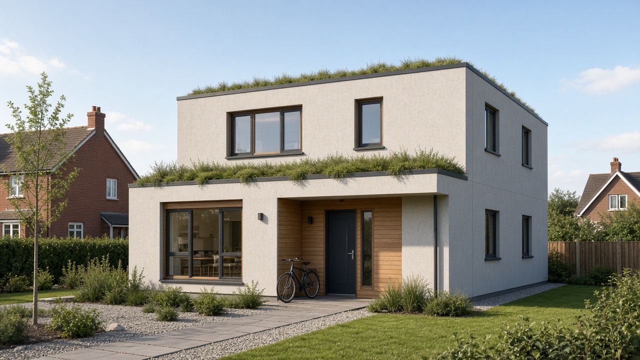 Two-storey house on a residential street with punched aluminium openings