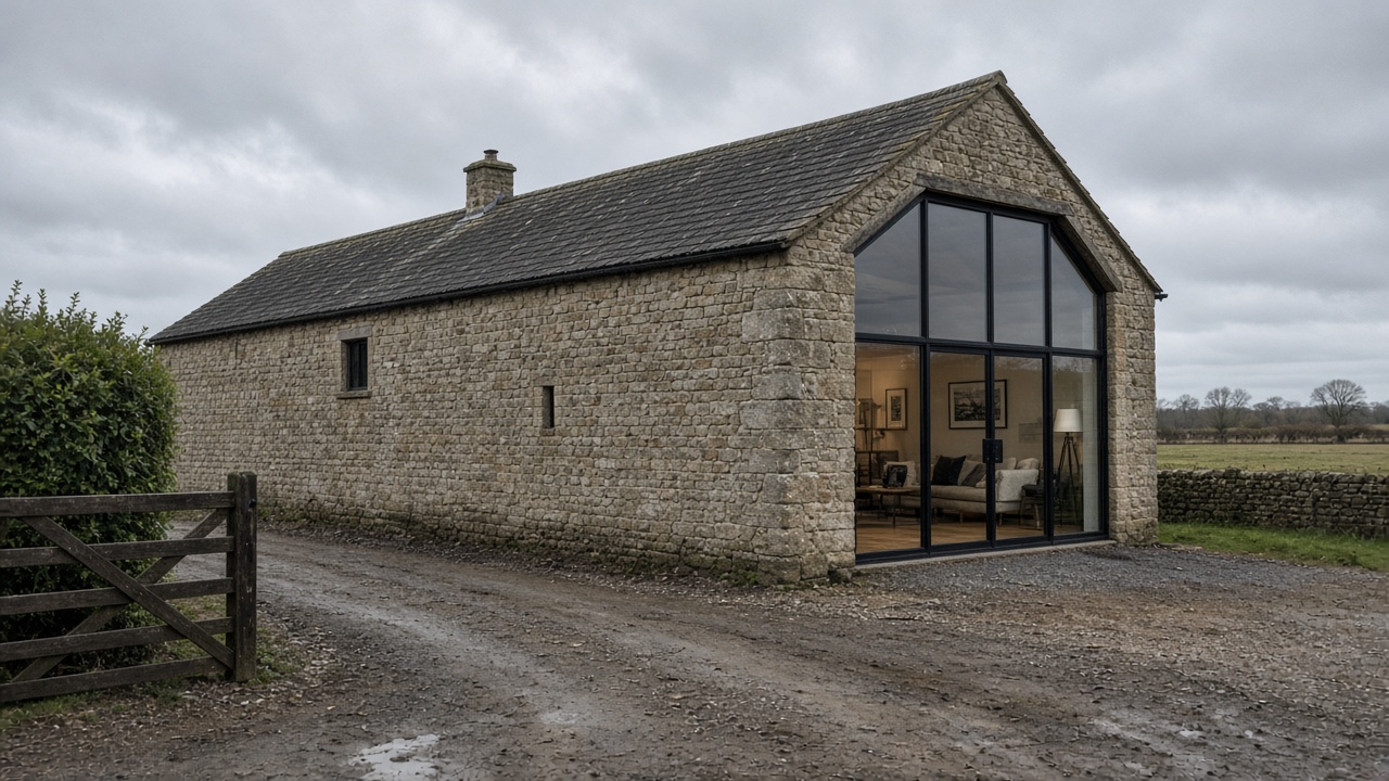 Old stone barn, the cart opening glazed up to the roof, the long wall left solid