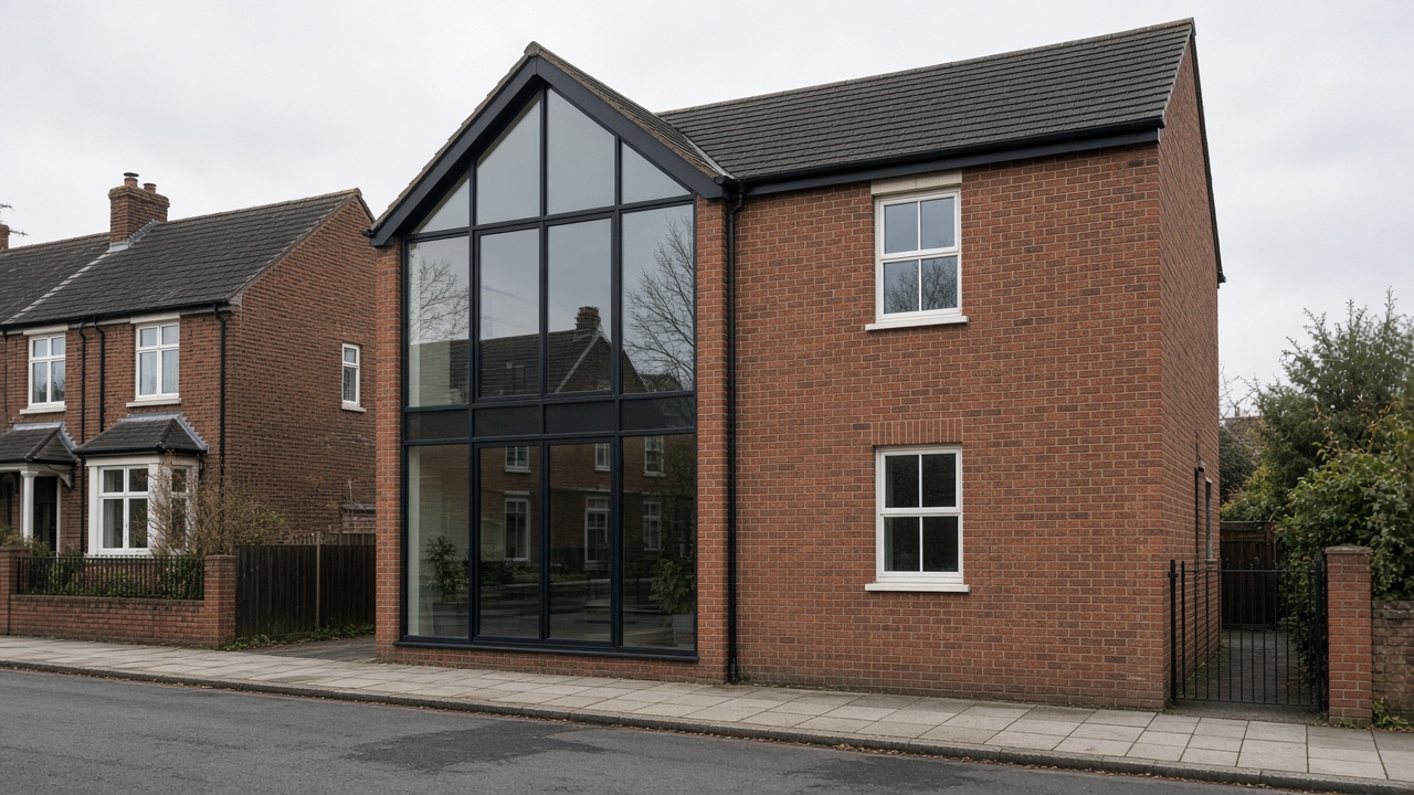 End-of-terrace brick house, one gable glazed to the eaves in several bays, the long wall solid