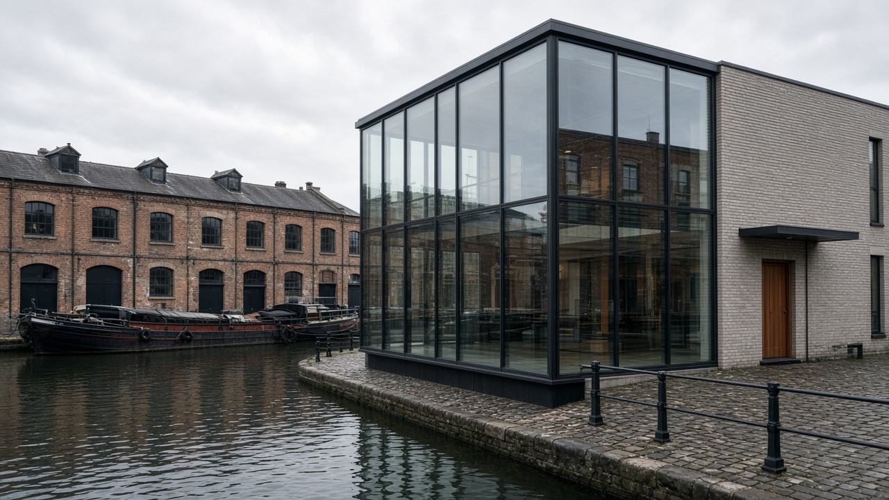 Two-storey glass corner beside a canal, brick wall and a timber door