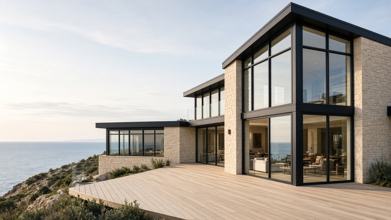 Coastal house with a tall glass living room