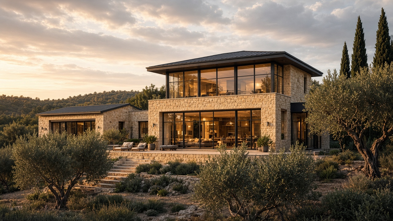 Limestone house with a low wing and a taller glass living bay