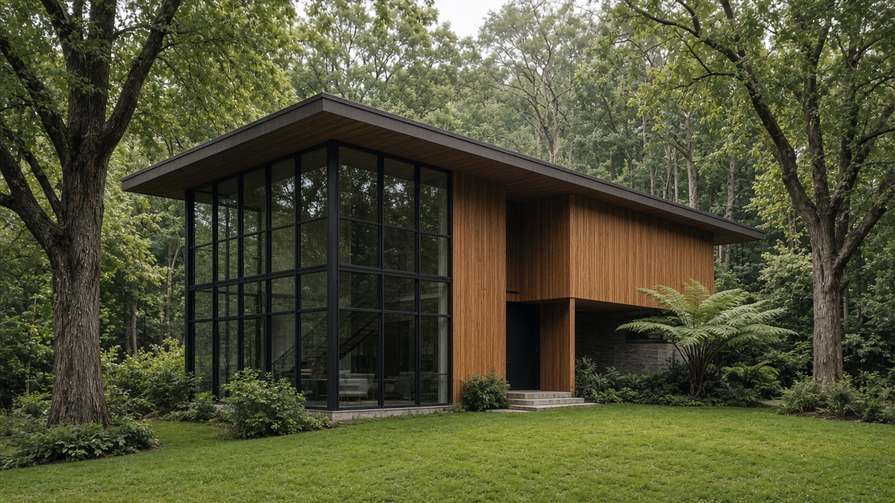 Two-storey glass corner beside a cedar wall