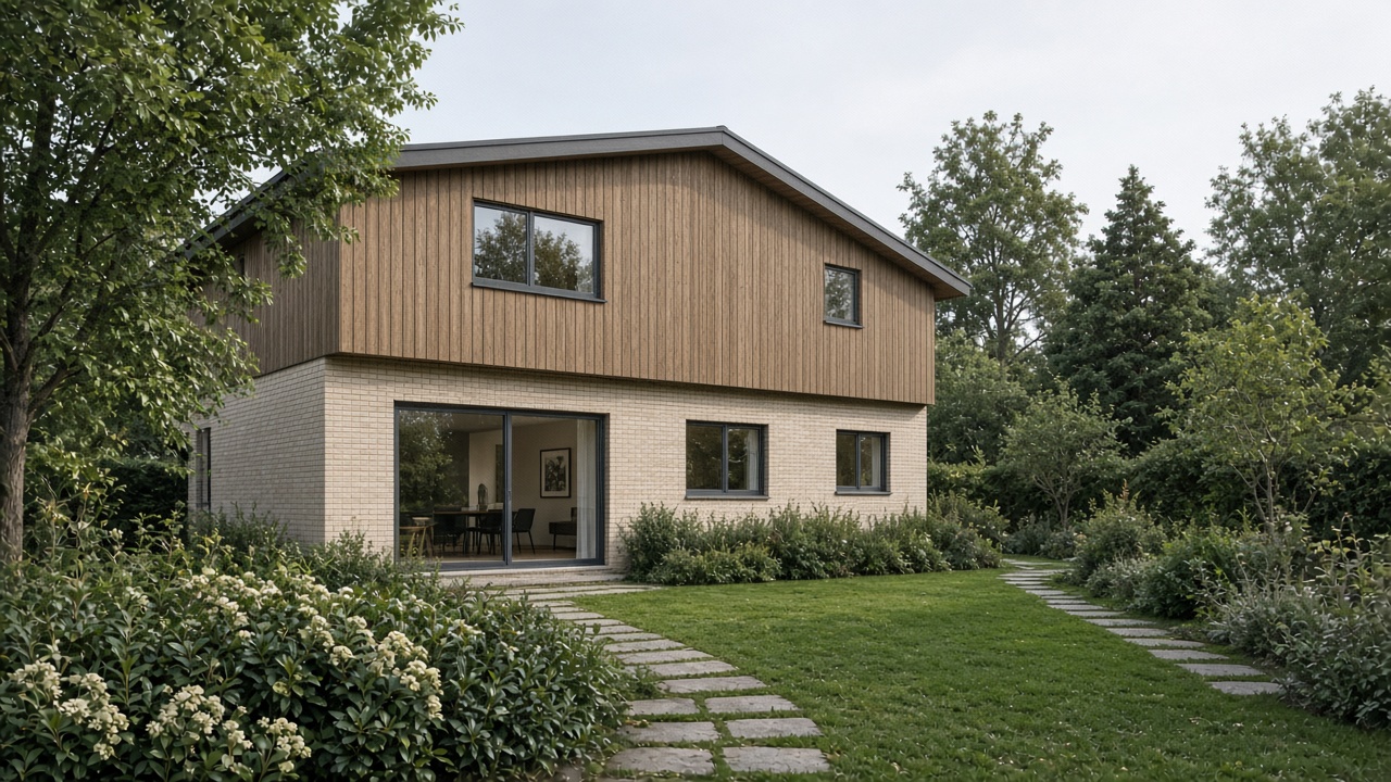 Brick and timber house in an ordinary garden with one slide to the lawn