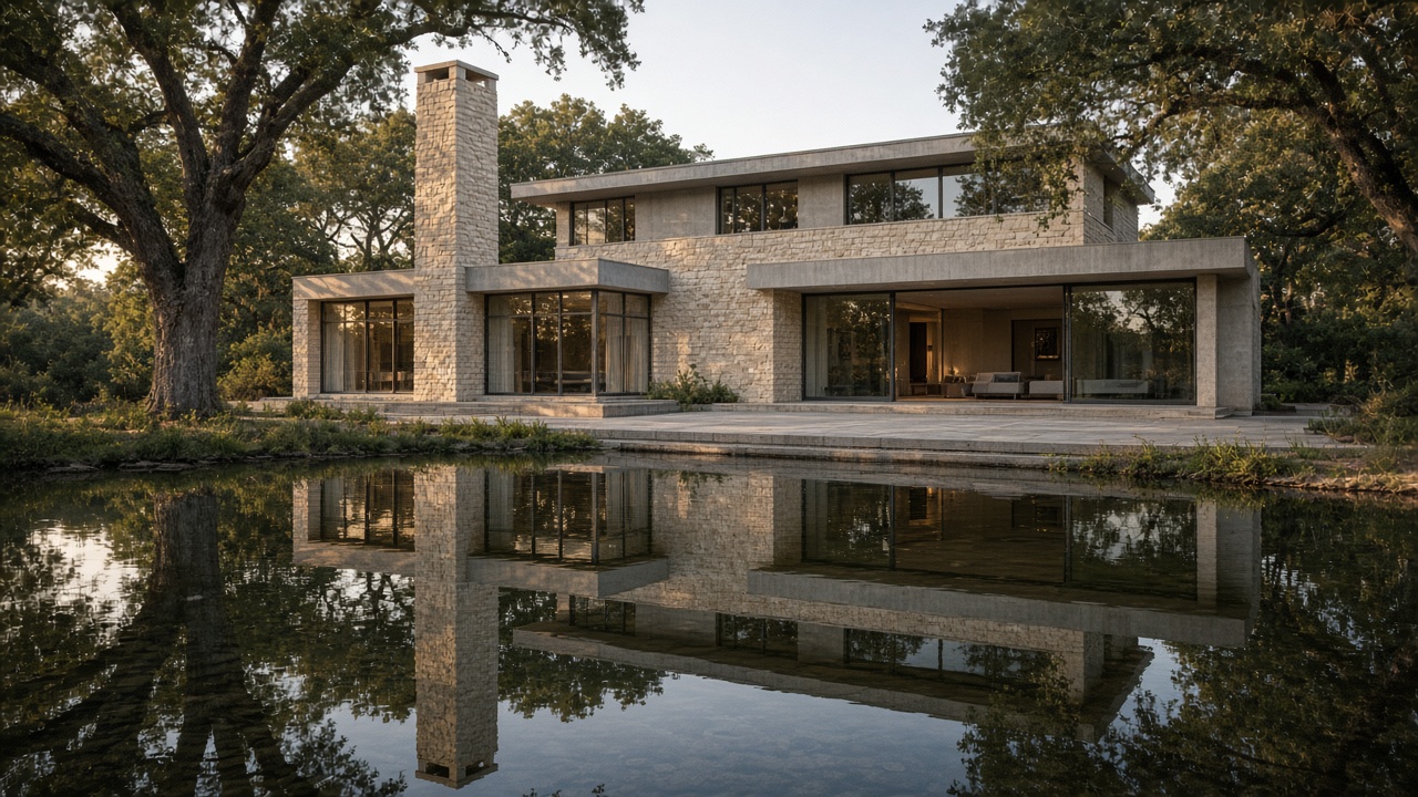 Long stone house with a chimney and one wide sliding door