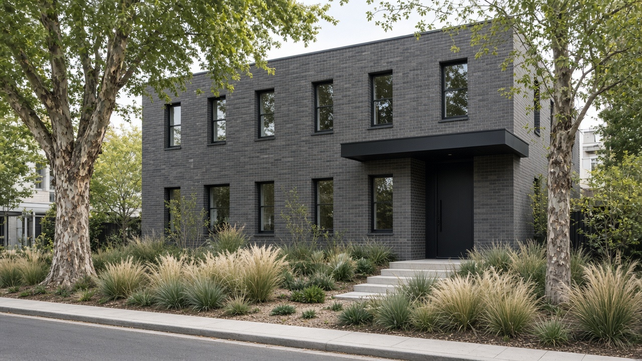 Melbourne dark brick house, punched windows and one door