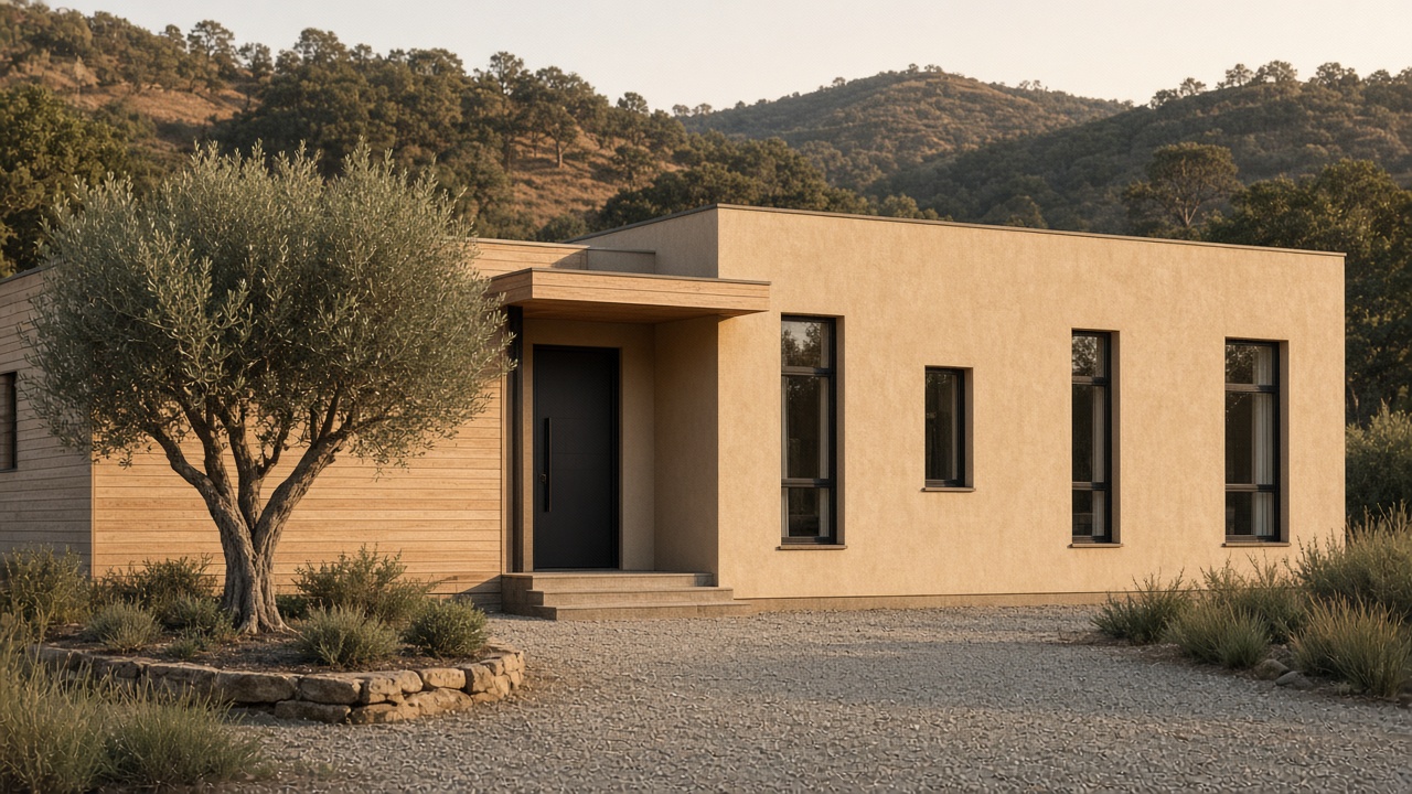 California house, punched windows in a plaster wall and one door