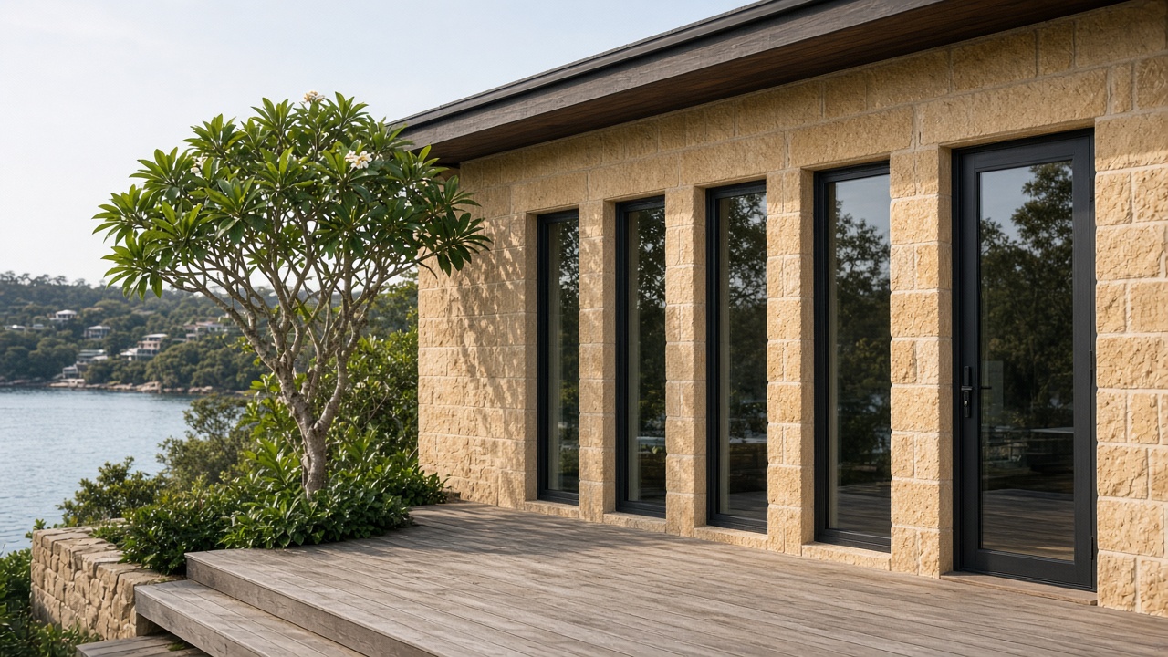 Sydney sandstone house, punched windows and one door onto a deck
