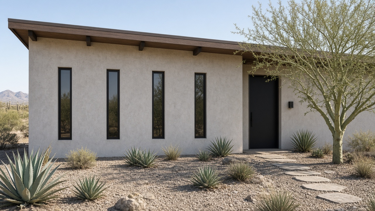 Arizona house, four narrow windows in a long solid wall and one door