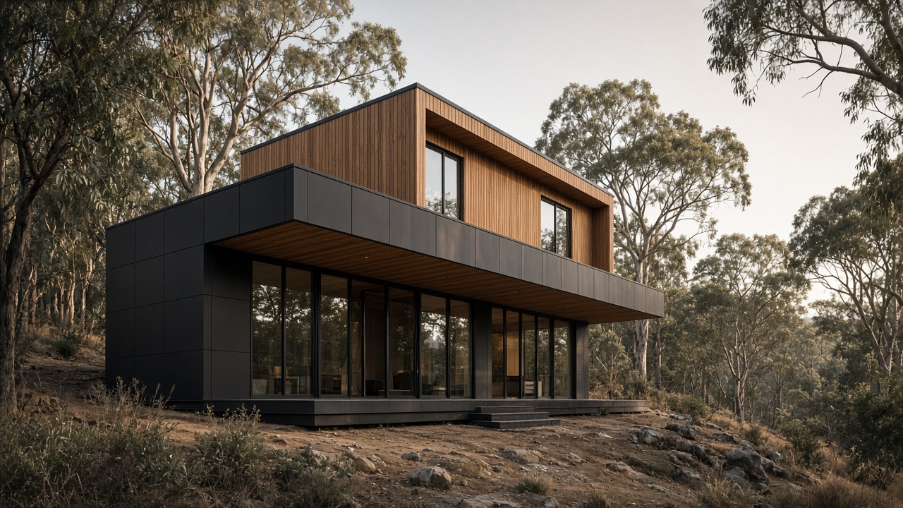 Dark metal house with a full slide under a deep eave and a timber upper floor
