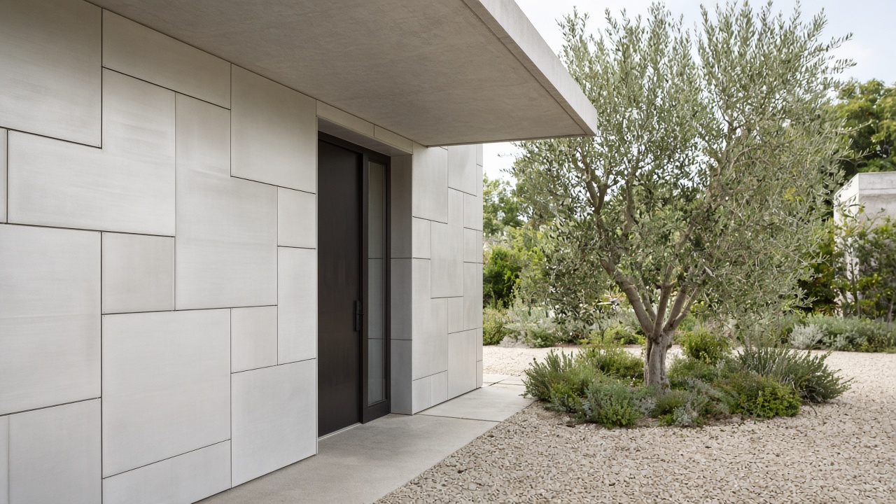 Exterior aluminium wall beside a private house front door
