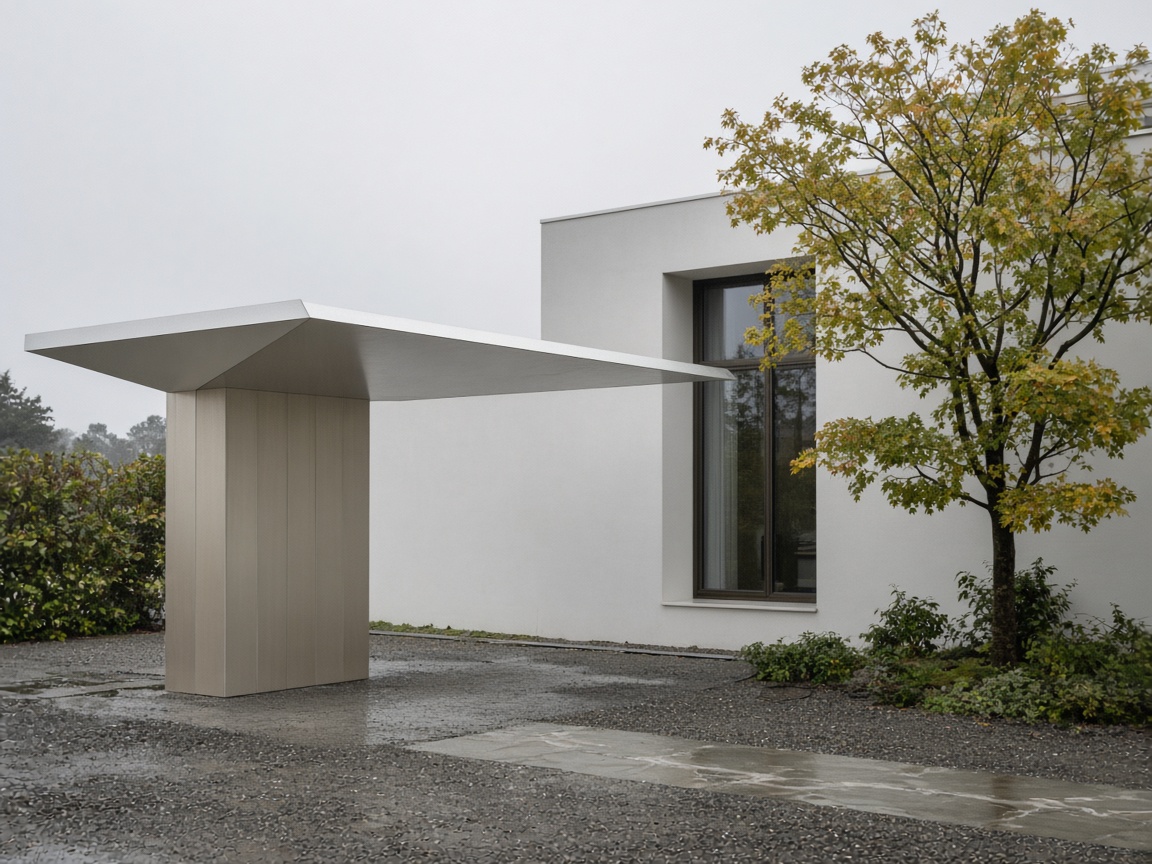 A single folded aluminium canopy at a house arrival