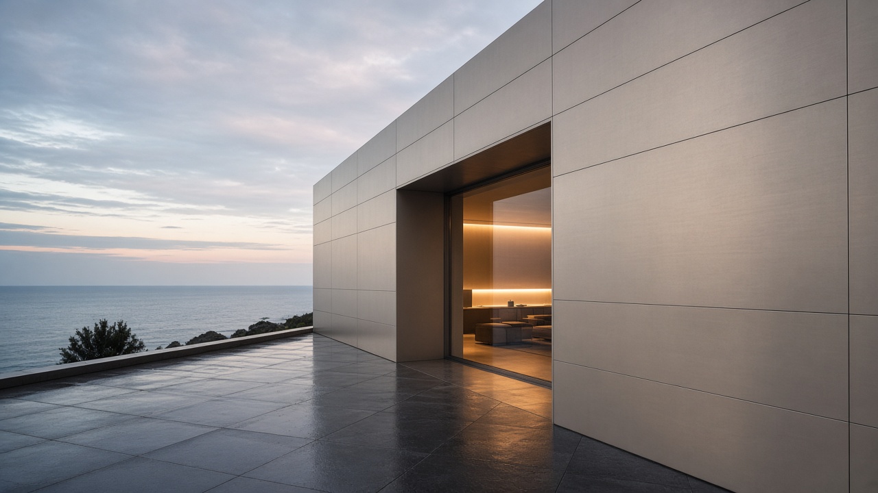 Coastal house clad in champagne aluminium panels at dusk