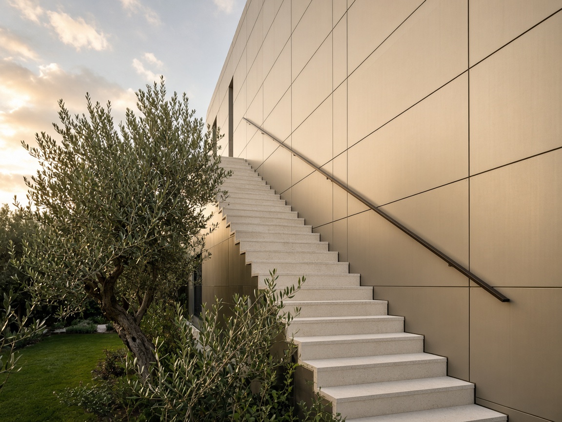 An open garden stair beside an exterior aluminium wall