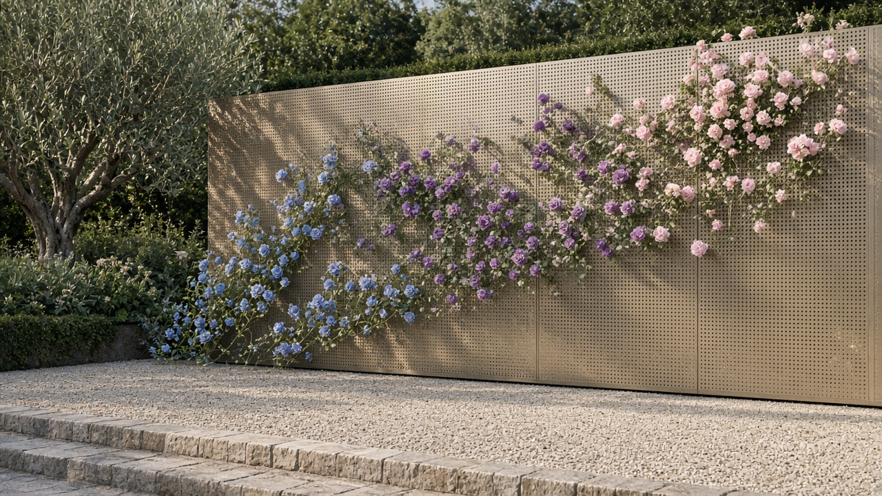 Perforated aluminium garden screen with a diagonal drift of climbing roses