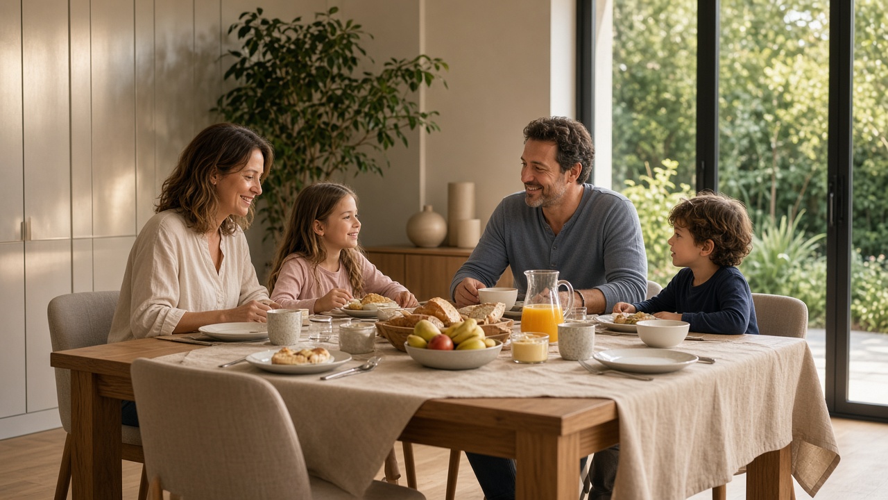 A family of four eating breakfast together