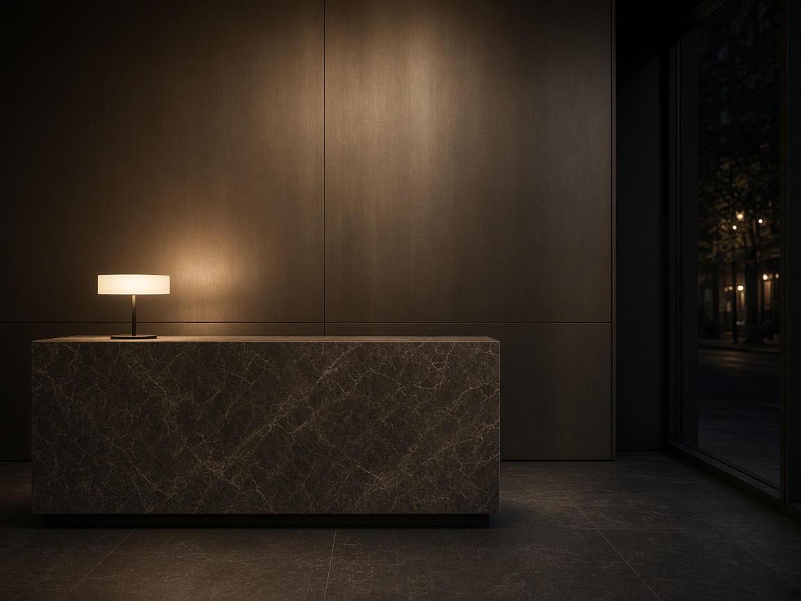 Small hotel reception with one dark aluminium wall behind the desk