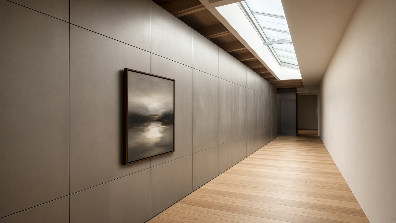 Private gallery with one long aluminium wall