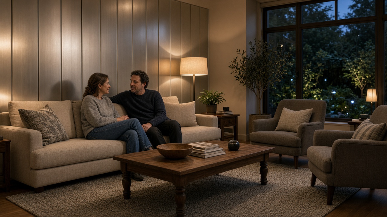 A couple on the sofa in a home living room at dusk