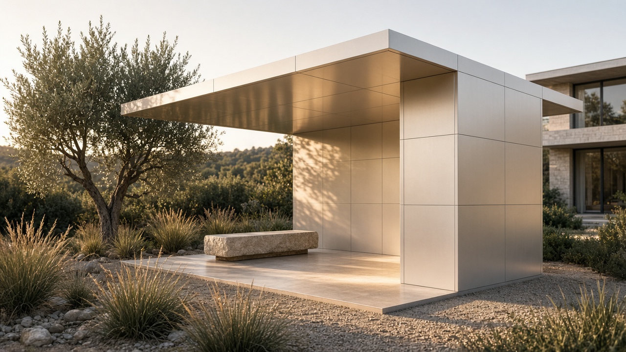 Open garden pavilion in champagne aluminium