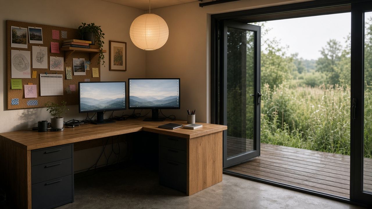 Desk in a garden office with the doors open
