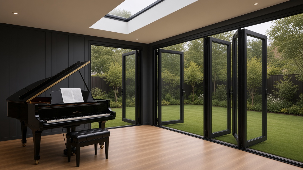 Grand piano under a skylight, bi-fold doors open on two walls to the lawn