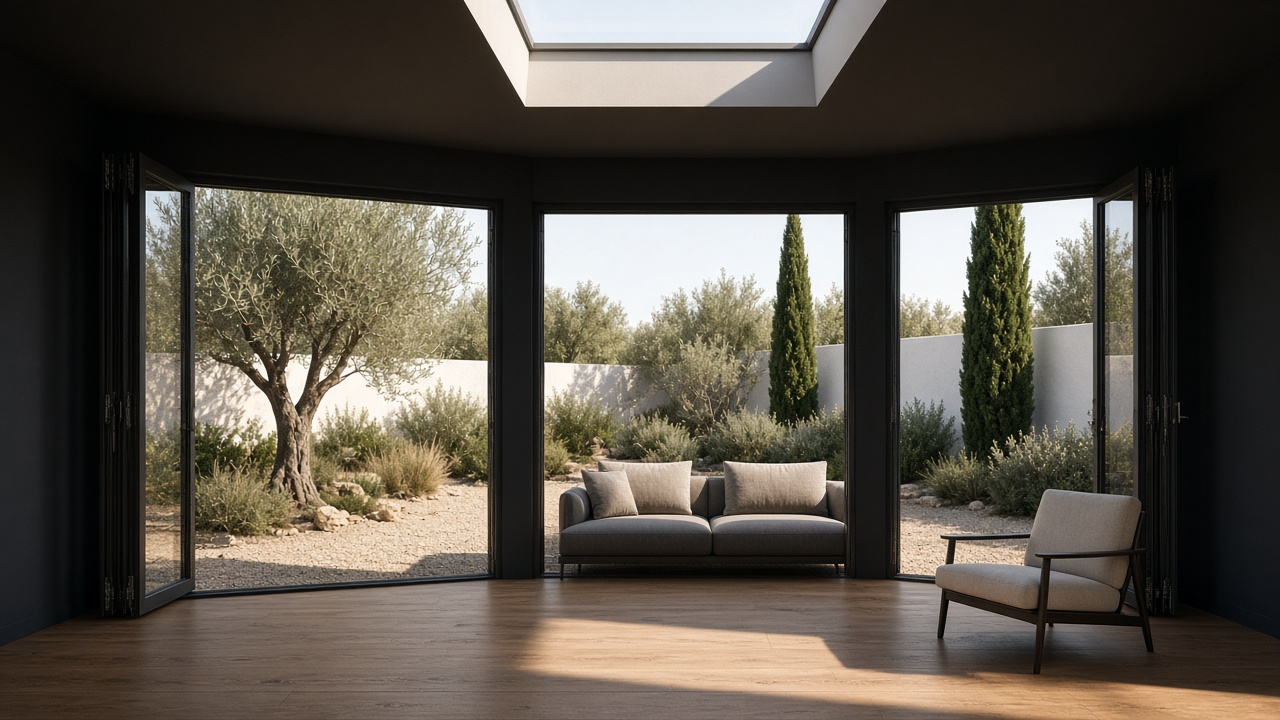 Sofa and chair under a skylight, doors open to gravel, an olive tree and a white wall