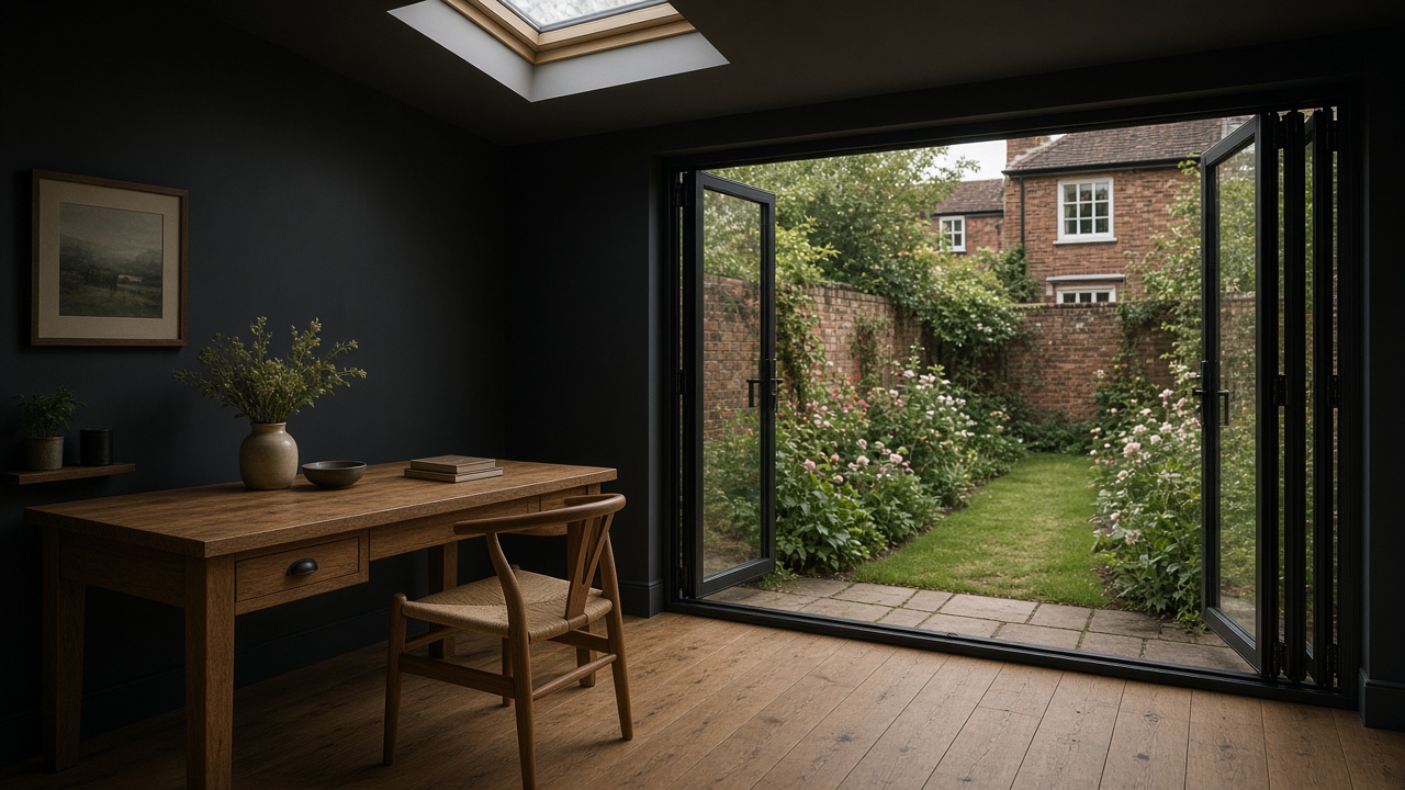 Desk under a skylight, doors open onto a brick-walled garden with roses and a house beyond