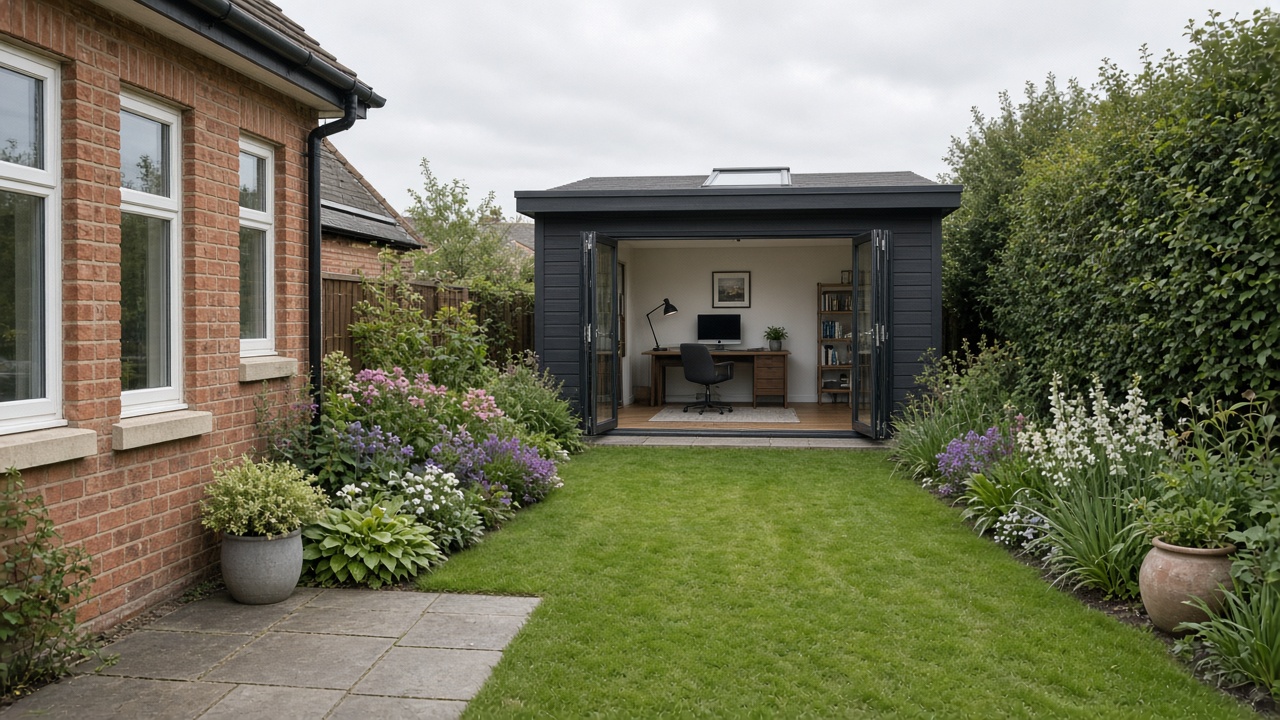Garden office with a desk and screen, glass doors open, beside a brick family house