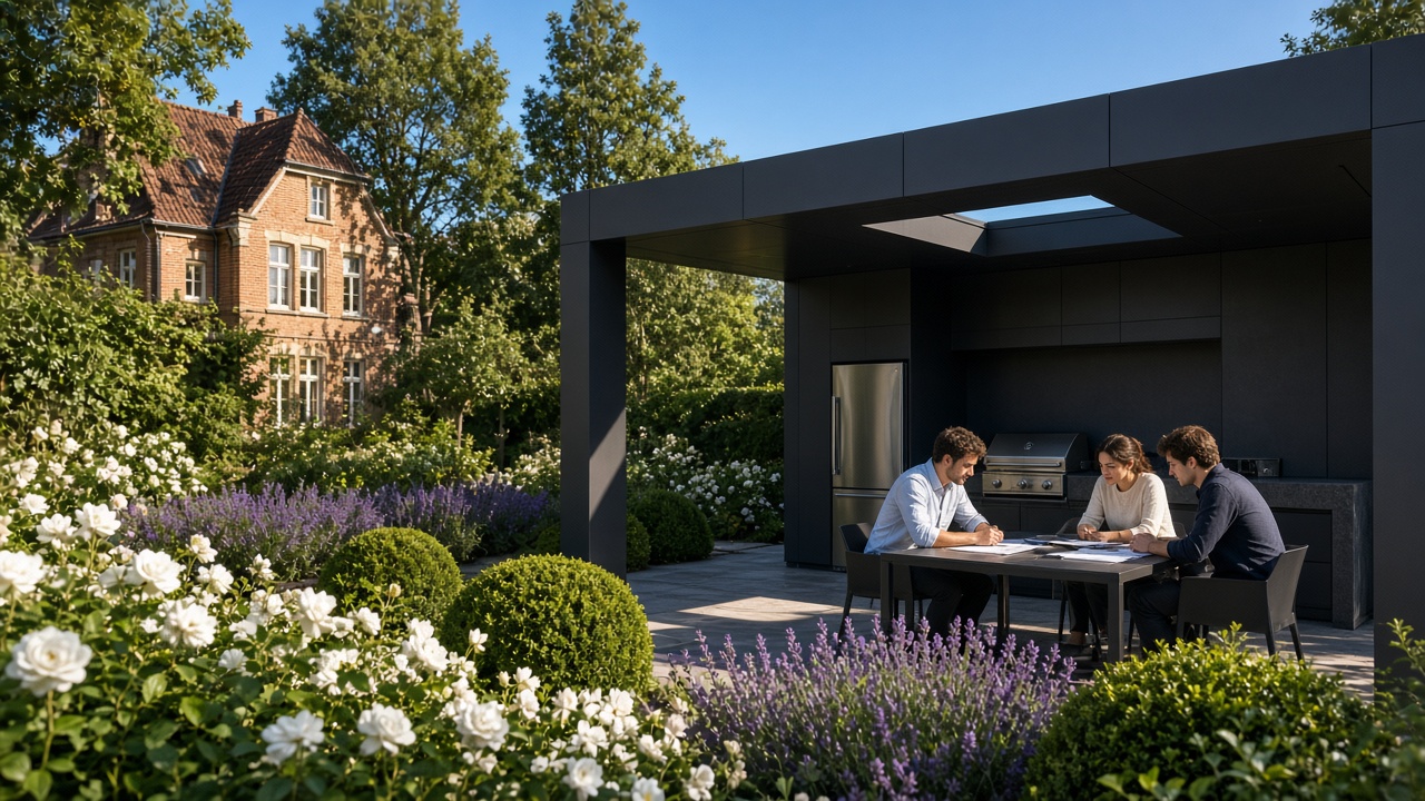 Open pavilion in a layered garden, large flat aluminium panels, modern fridge and grill, three young adults discussing papers at the table