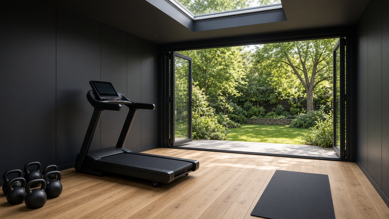 Garden gym with a treadmill and weights, glass folded open to the lawn
