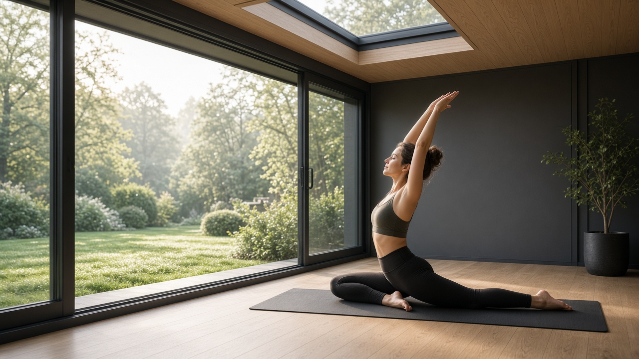 Yoga on a clear floor in a garden room, doors open to the lawn, light from a roof opening