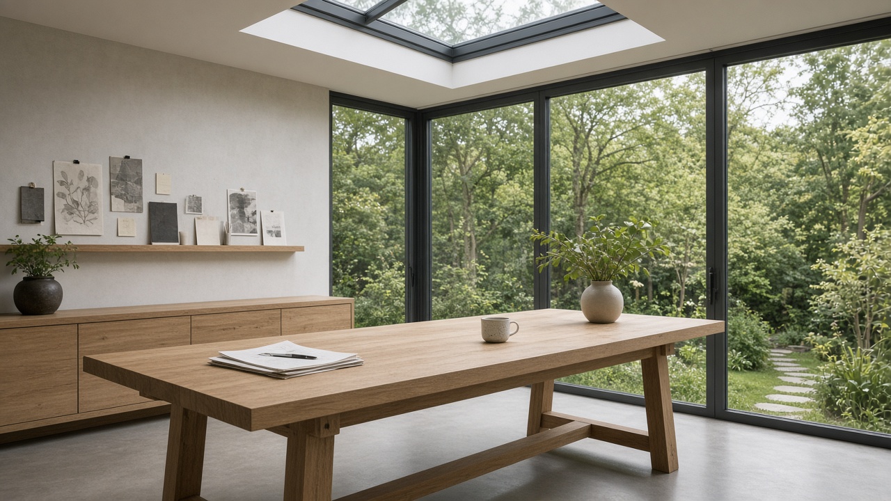 Garden studio with a work table under a roof light, garden beyond the glass