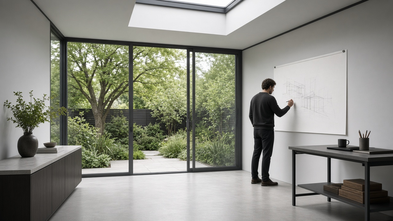 Someone drawing on the studio wall, glass open to the garden, light from the roof