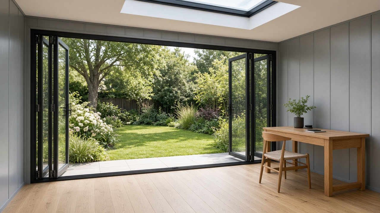 Garden studio with bifold doors open to the lawn and a desk by the wall