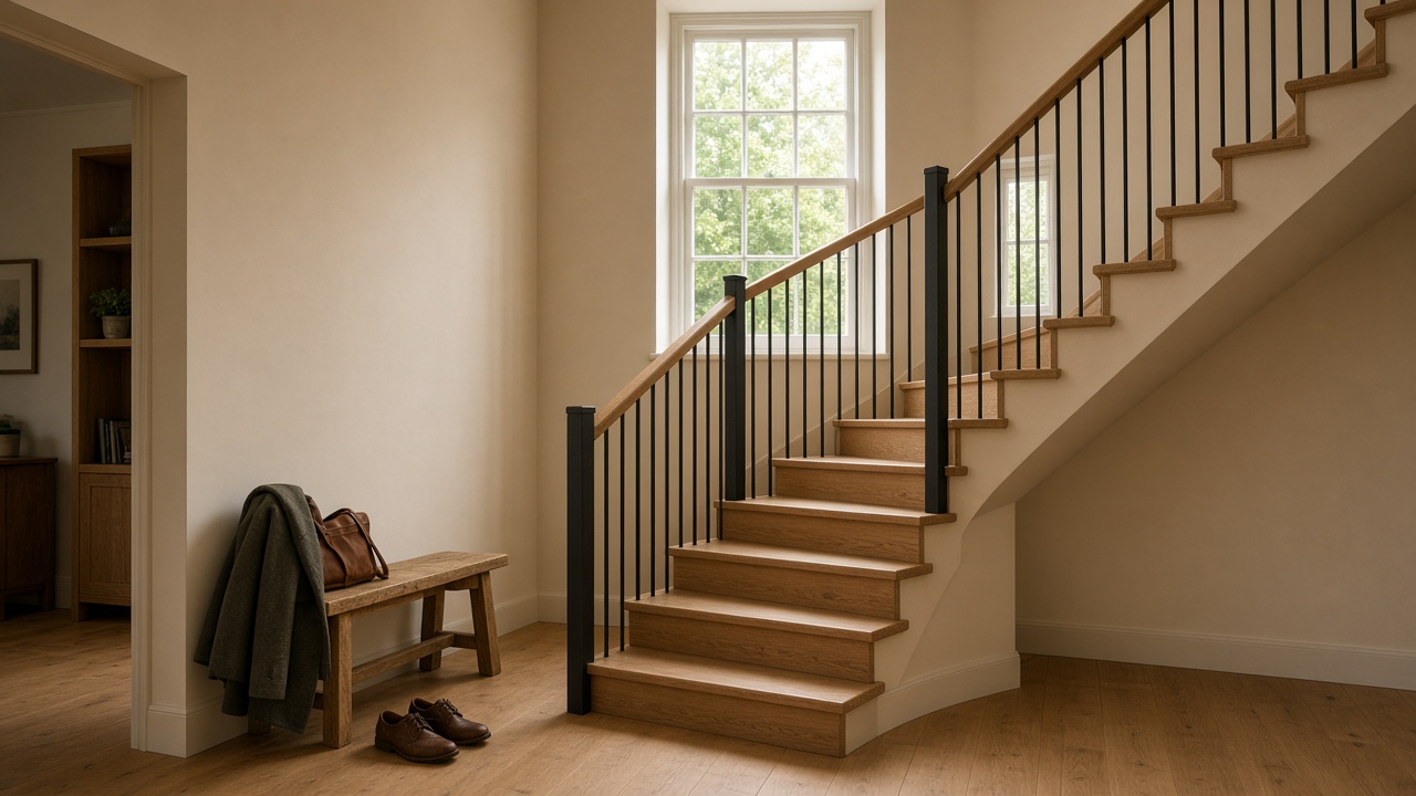 Straight oak stair rising toward a sash window