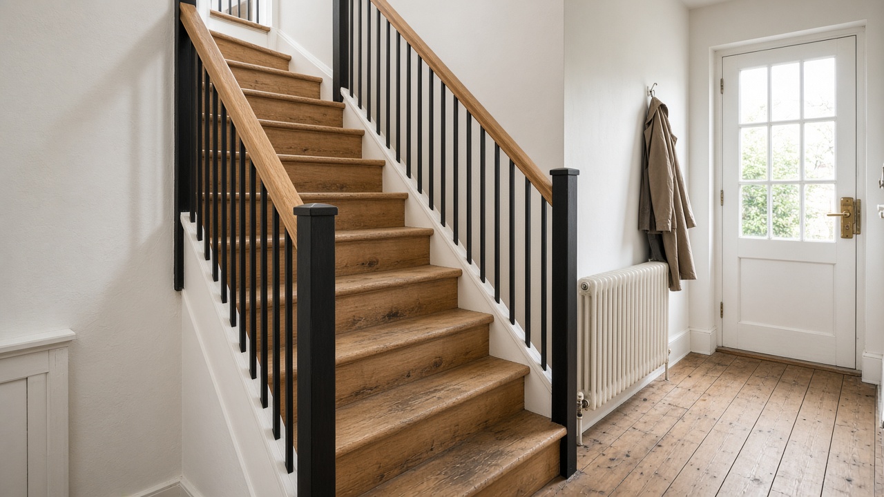 Renovated straight stair with worn oak treads and new black aluminium posts