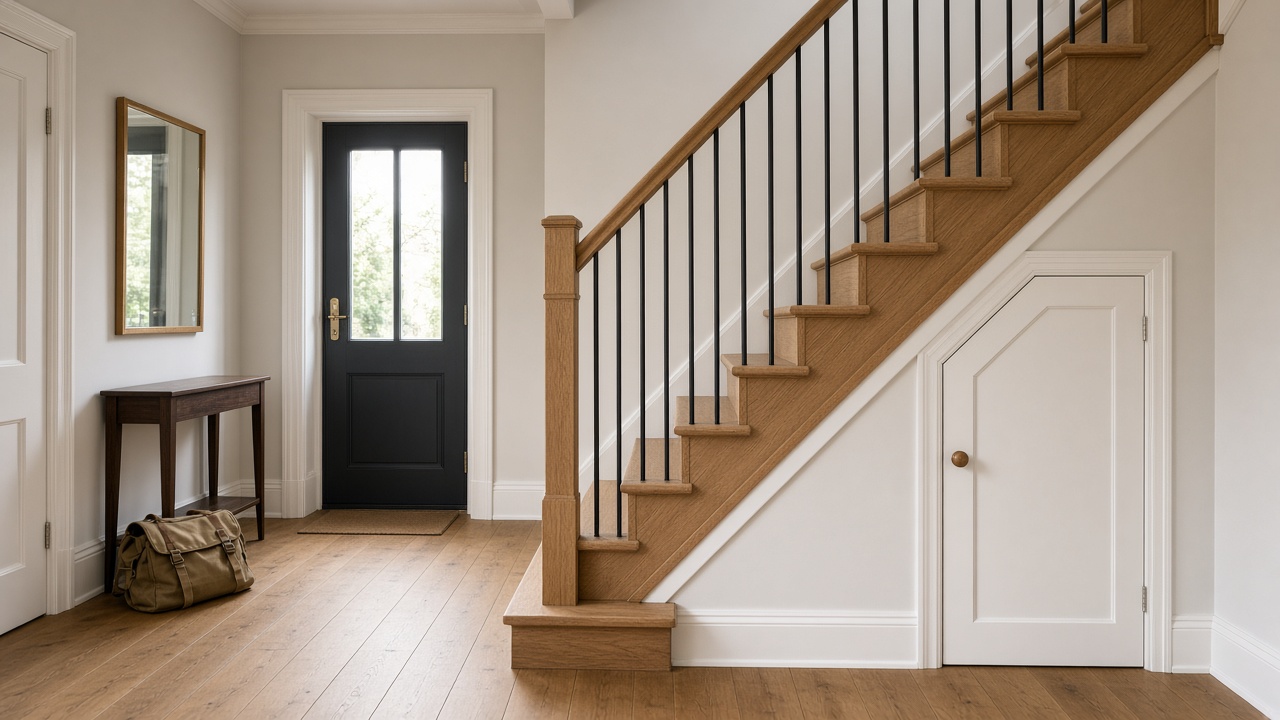 Quarter-turn stair with a square landing and a cupboard under the flight