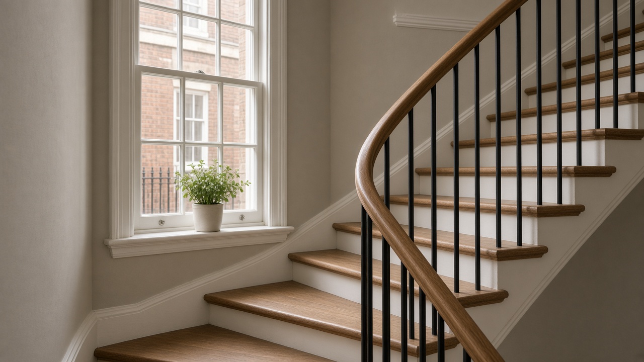 Quarter-turn stair beside a sash window