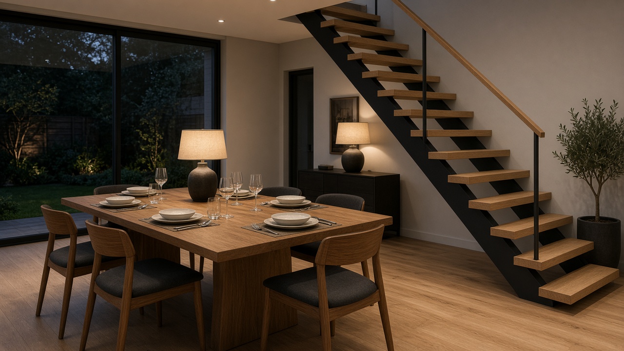 Open oak treads on a black aluminium stringer beside a dining table at dusk