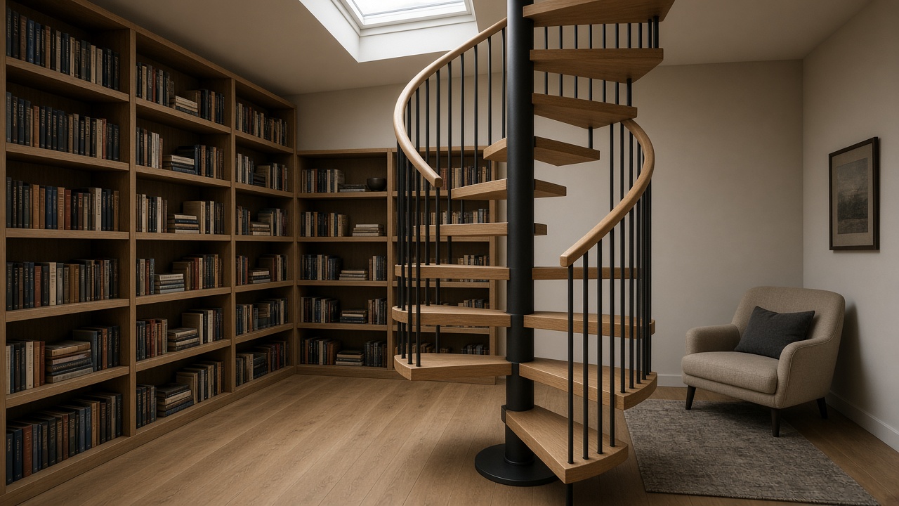 Spiral stair with oak treads and a black aluminium column in a home library