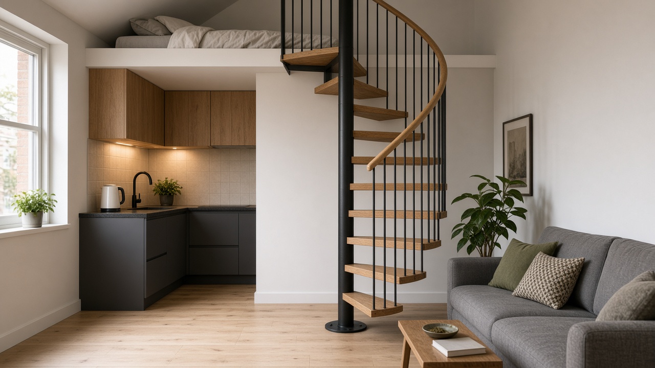 Spiral stair in a small flat rising to a sleeping loft