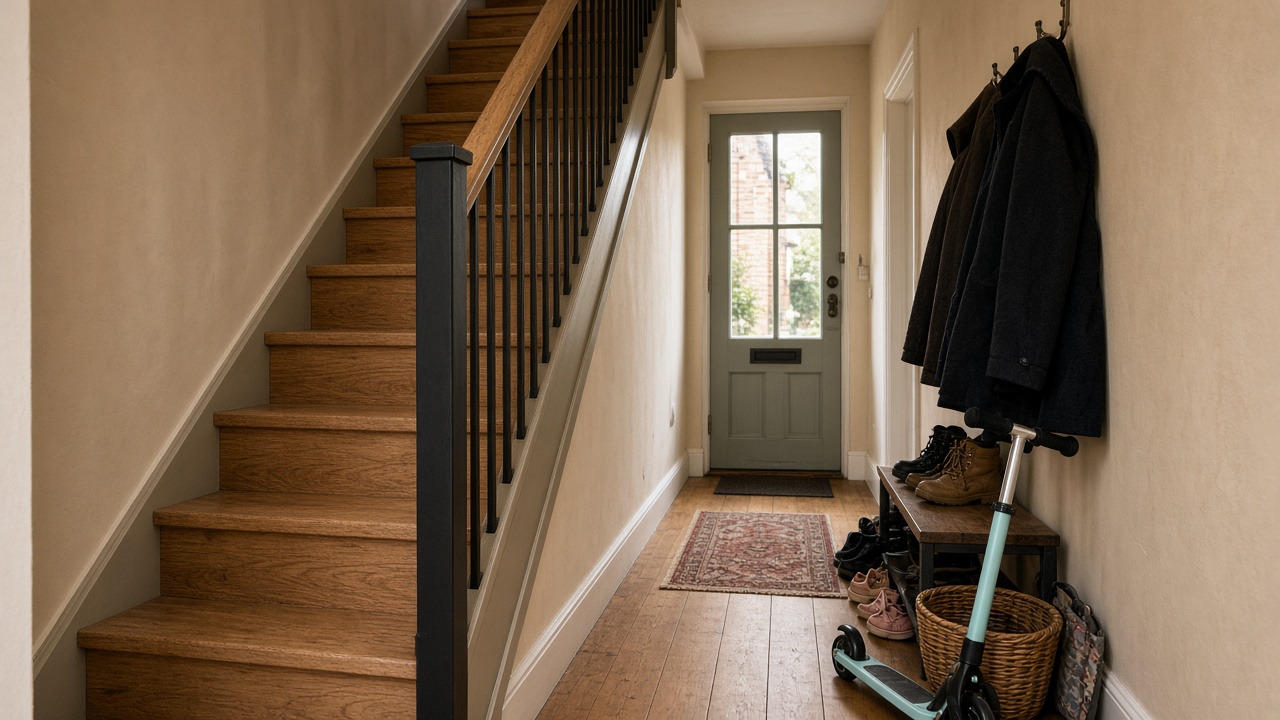 Straight oak stair in a very narrow hall with coats and a scooter