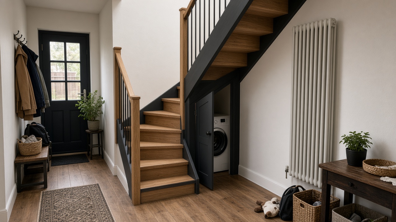 Half-turn oak stair in a small hall, washing machine under the flight