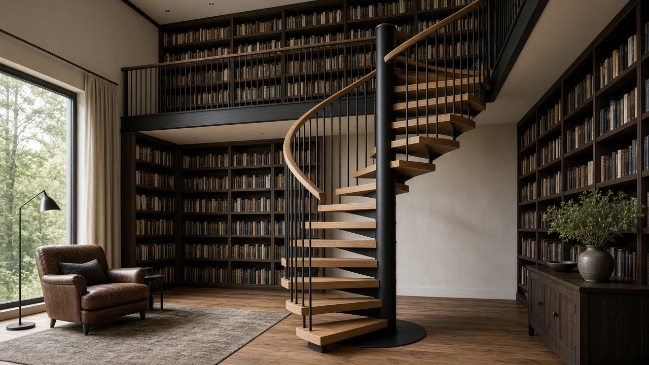 Spiral stair with oak treads and a black column in a two-storey private library