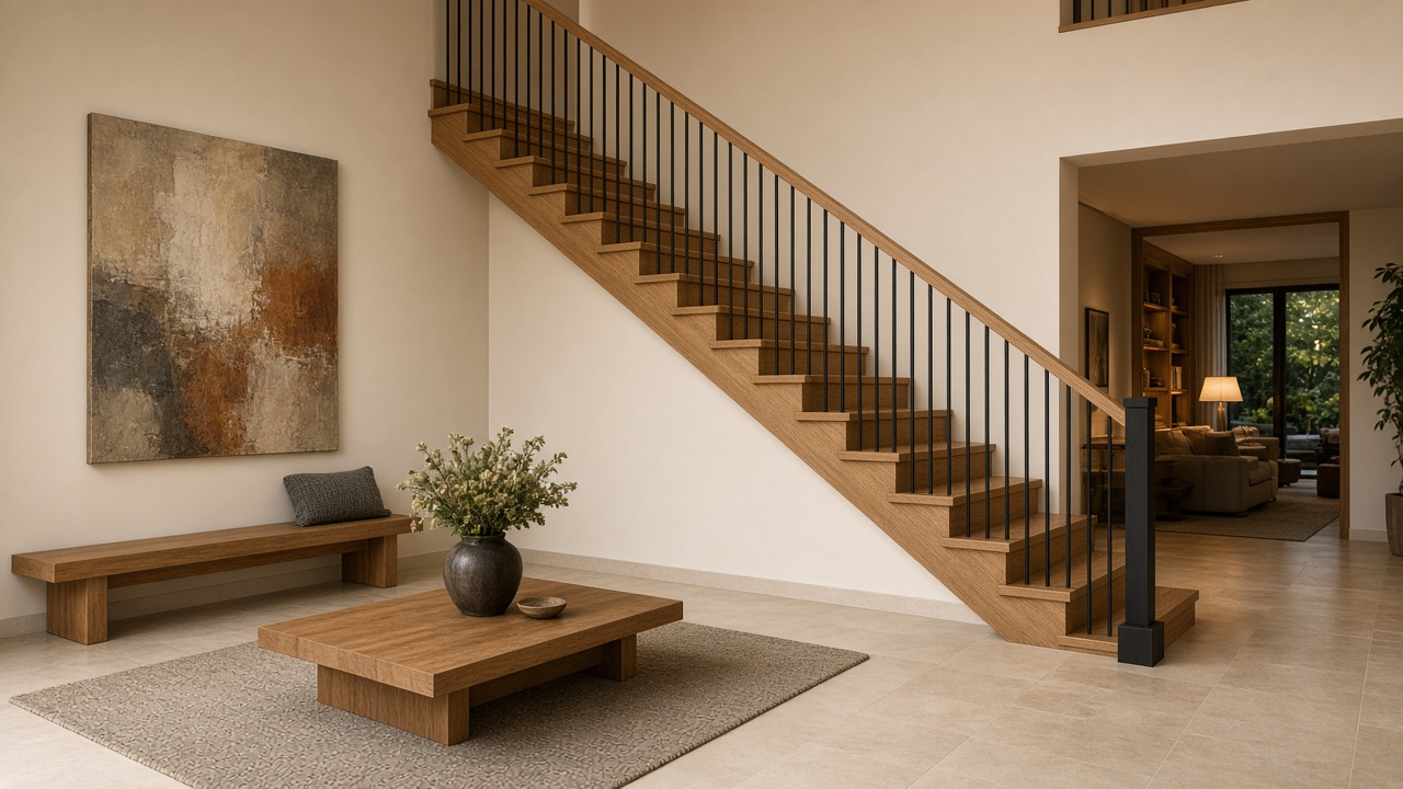 One straight oak flight in a tall hall, with a painting and a bench