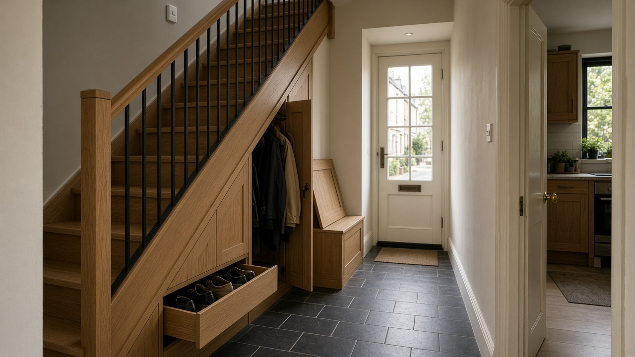 Straight oak stair with drawers, a hanging cupboard and a bench built under the flight, kitchen beyond